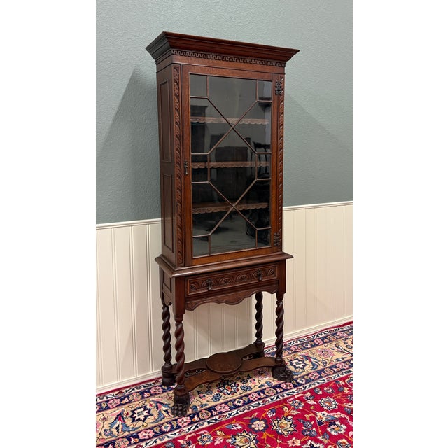 Antique English Oak Jacobean Revival Bookcase Barley Twist Display Cabinet C1890 For Sale - Image 4 of 17