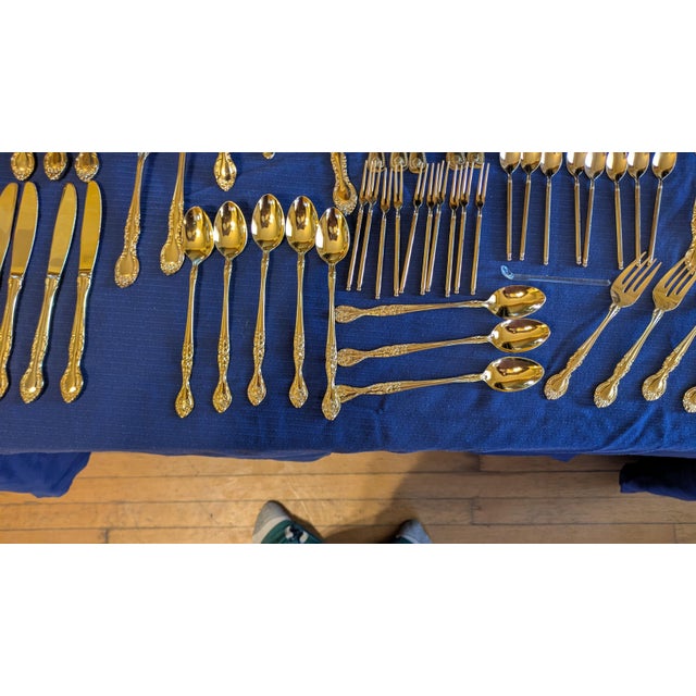 Late 20th Century Mid Century Modern Curated Gold-Tone Flatware Service - Featuring Gense Nobel & Mixed Ornate Patterns - 86-Piece For Sale - Image 6 of 7