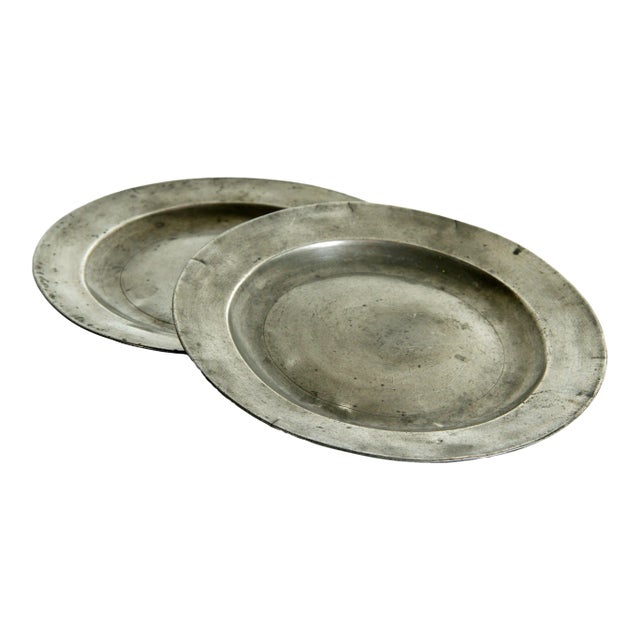 Antique 18th C. Georgian Distressed English Pewter Dinner Plates From London - a Pair For Sale