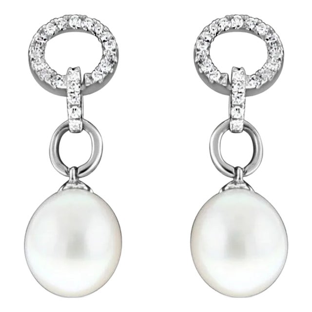 8MM Freshwater Pearl Diamond Drop Earrings .19cttw 14k White Gold, 2 Pieces For Sale
