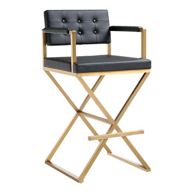 Director Black Vegan Leather & Gold Steel Bar Stool For Sale
