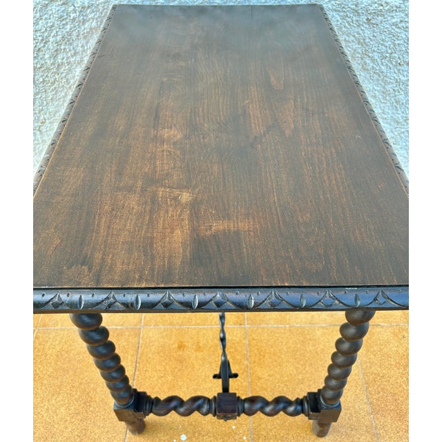 Brown Spanish Barley Twist Side Table With Wrought Iron Stretchers, 1920s For Sale - Image 8 of 11