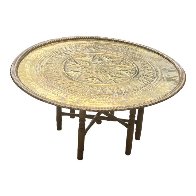 1970s Brass Metal and Wooden Coffee Table For Sale