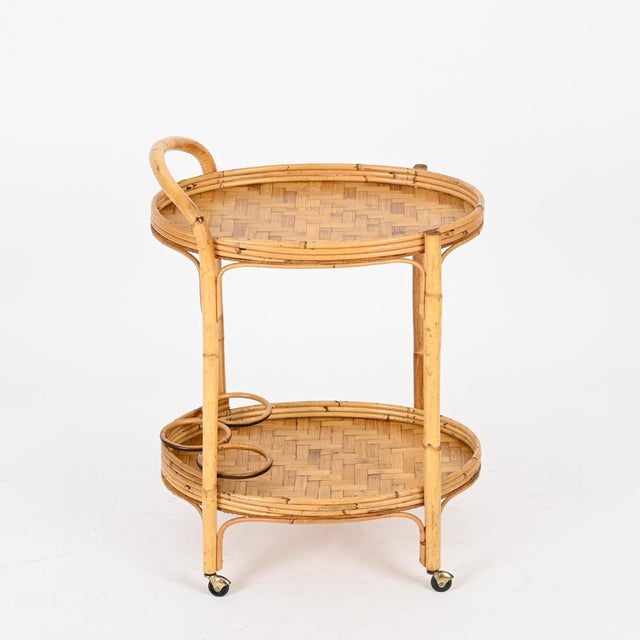 Mid-Century Italian Oval Serving Bar Cart Trolley in Bamboo and Rattan, 1960s For Sale - Image 4 of 13