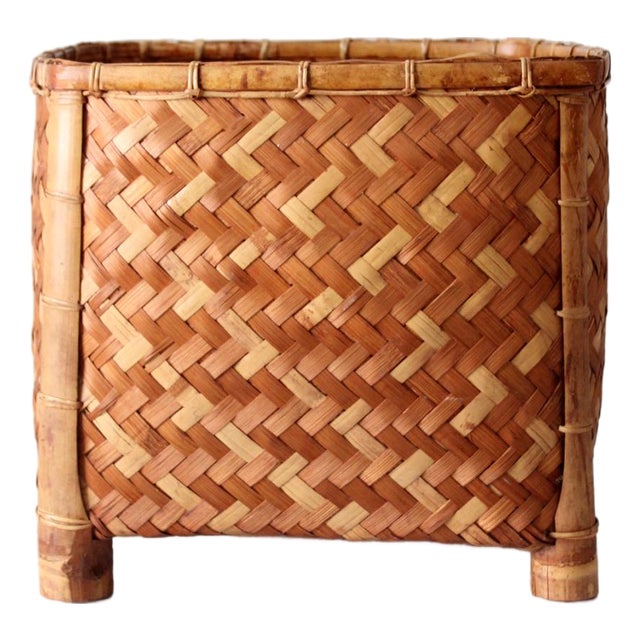Vintage Woven Bamboo Storage Basket With Geometric Herringbone Pattern For Sale