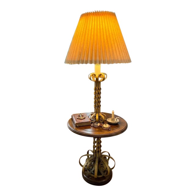 1950s Mid-Century Modern Florentine Style Wrought Iron Floor Lamp & Wood Side Table For Sale