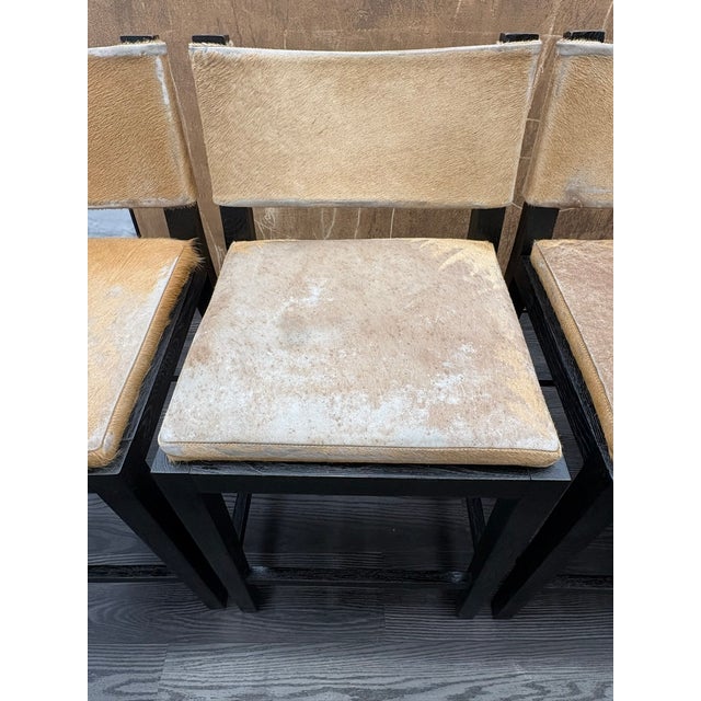 Restoration Hardware Rh Saddle Hair-on-Hide Counter Stools – Set of 5 Designed by Barlas Baylar | Camel Hair-on-Hide | Black Oak Finish For Sale - Image 4 of 16