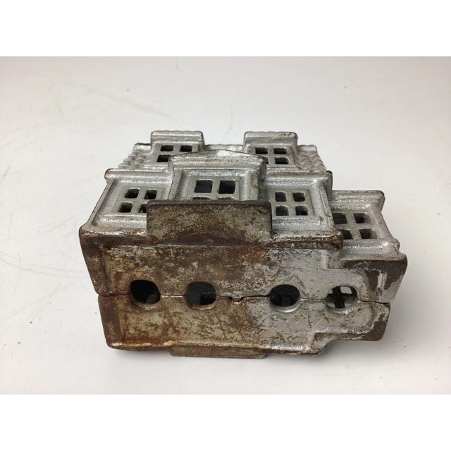 Antique Cast Iron House, Porch, Chimney Still Coin Bank Building Silver & Green For Sale - Image 4 of 5