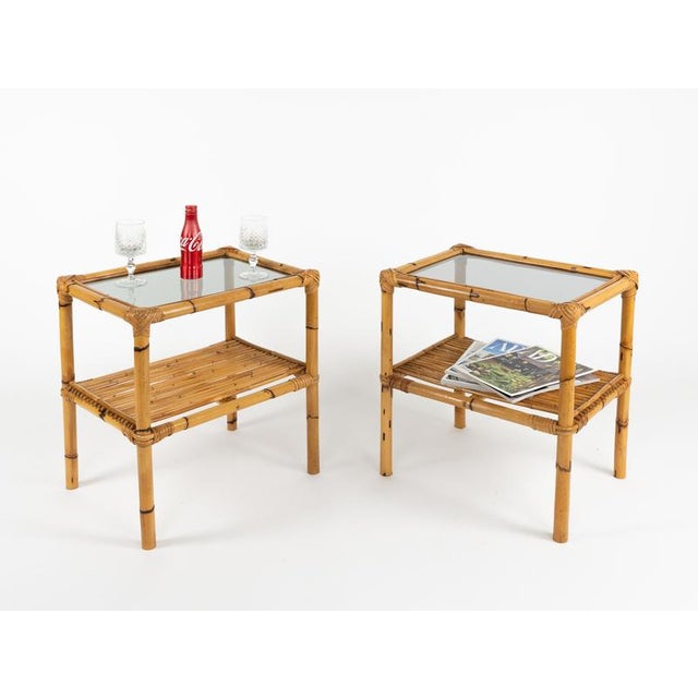 Mid-Century Side Tables in Rattan, Bamboo and Smoked Glass, Italy, 1970s, Set of 2 For Sale - Image 11 of 13