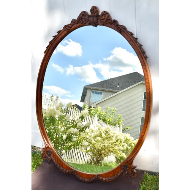 Brown Satinwood Oval Wall Mirror Carved French Flower Basket Crest Decorative Frame For Sale - Image 8 of 15