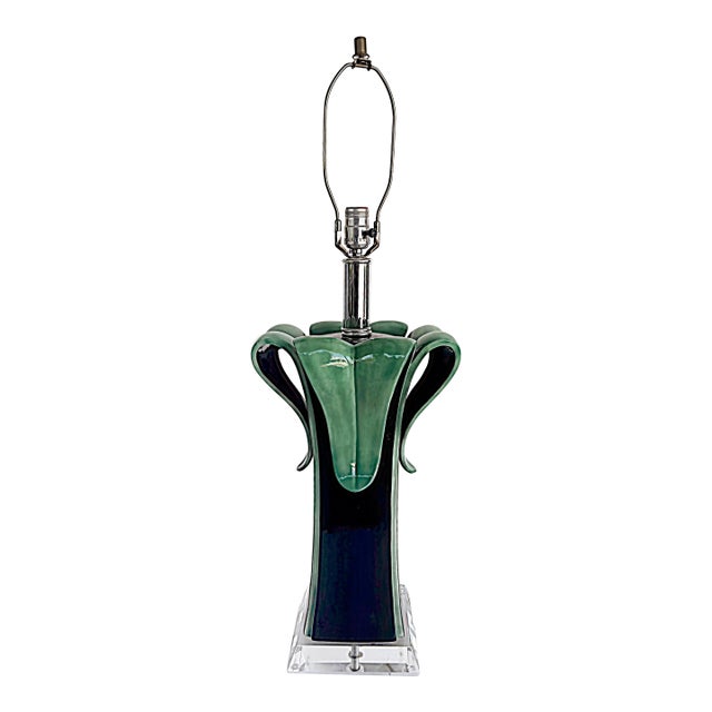 Late 20th Century Lucite and Table Lamp With Ceramic Leaves Opening From a Black Stem For Sale