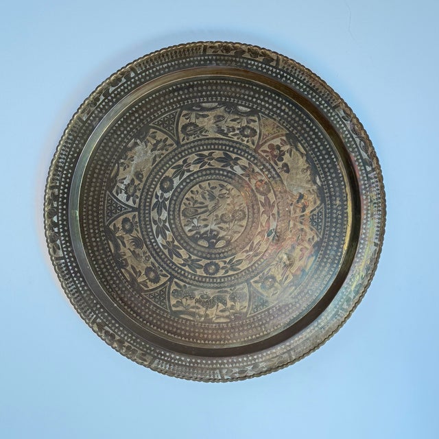 Brass Mid-Century Oversized Hand-Engraved Brass Tray With Birds & Animal Motifs For Sale - Image 8 of 9