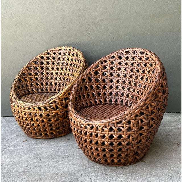 Wood Vintage Woven Rattan Lounge Chairs - Pair For Sale - Image 7 of 12