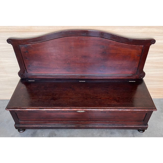 Spanish Italian Antique Walnut Wood Bench With Trunk For Sale - Image 3 of 10