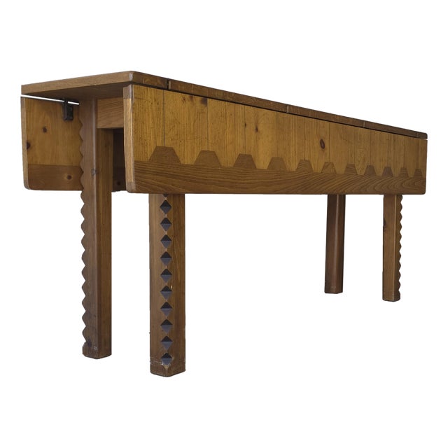 1950s European Craftsman Drop Leaf Dining Table With Sawtooth Legs For Sale