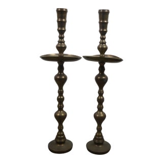 Mid 20th Century 2 Moroccan Etched Brass Altar Floor Candlesticks Candle Holders 36" For Sale