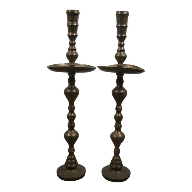 Mid 20th Century 2 Moroccan Etched Brass Altar Floor Candlesticks Candle Holders 36" For Sale