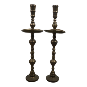 Mid 20th Century 2 Moroccan Etched Brass Altar Floor Candlesticks Candle Holders 36"