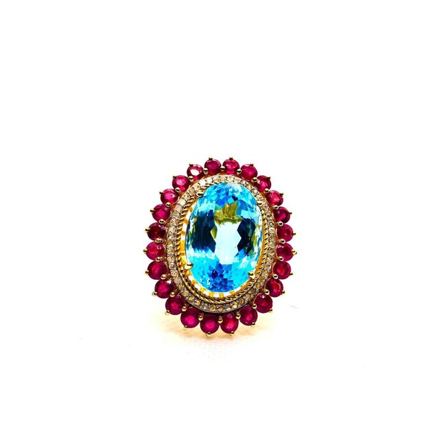 English Bochic “Capri” Vintage Ruby, Blue Topaz & Diamond Ring Set In 18K Gold & Silver For Sale - Image 3 of 7