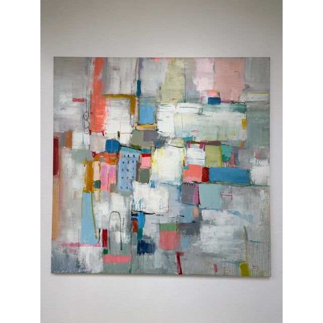 A layered and expressive original oil painting on canvas featuring a dynamic patchwork of soft neutrals and muted brights....