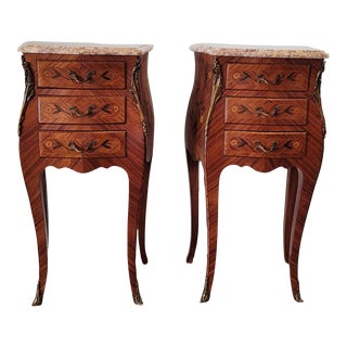 Vintage French Louis XV Style Gilt Bronze Marquetry Inlaid Bombe Nightstands - a Pair For Sale