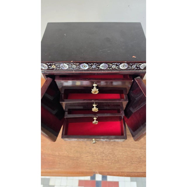 Vintage Chinese Mother of Pearl Jewelry Cabinet Lacquer Wood Inlaid Peacock Bird Miniature Chest Drawers Asian Decor For Sale - Image 6 of 12