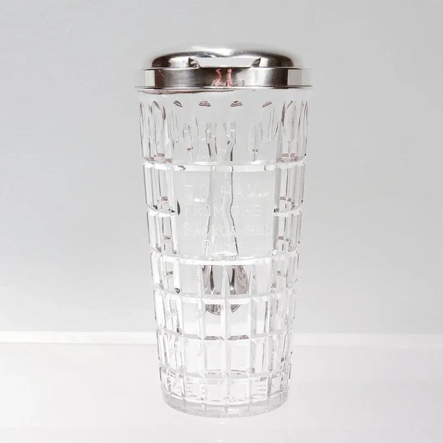 A fine vintage cocktail pitcher. By Hawkes. In sterling silver mounted cut glass. With an etched inscription to the front...