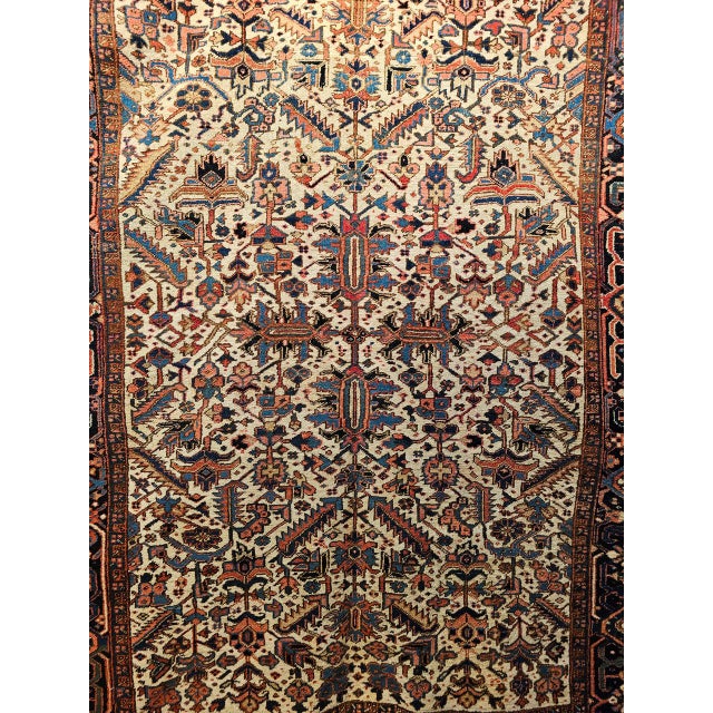 Ivory Vintage Persian Heriz Serapi Rug, Hand-Knotted Wool, All-Over Geometric Pattern, Ivory & Blue, 8x10 For Sale - Image 8 of 14