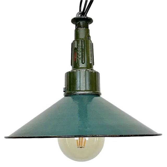 Industrial Petrol Enamel Military Pendant Lamp with Cast Aluminium Top, 1960s For Sale - Image 12 of 12