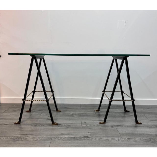 Iron and Brass Trestle Console with Glass Top, 1950s For Sale - Image 13 of 14