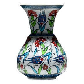 Handmade Ceramic “Kandil” Vase (15cm) – Red Carnations, Blue Tulips & Yellow Accents For Sale
