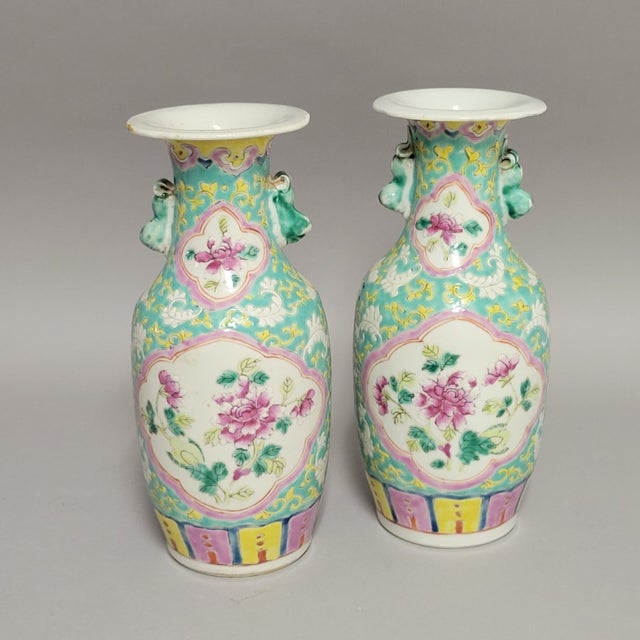 Chinese Pair of Chinese Famille Rose Porcelain Vases With Peony Medallions, Circa 1900 For Sale - Image 3 of 10