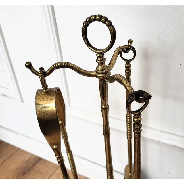 Vintage Italian Three-Pieces Brass Fireplace Fire Tool Set with Stand, 1980s For Sale - Image 3 of 7