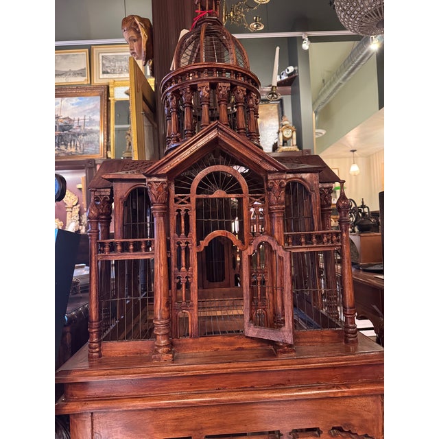 Brown Antique Handcrafted Walnut Cathedral Bird Cage With Architectural Spire For Sale - Image 8 of 12