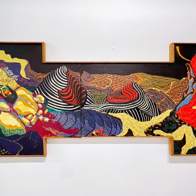 Mid-Century Modern C. 1960s Psychedelic Twelve Foot Lonng Diptych Abstract Shaped Canvas Painting For Sale - Image 3 of 11