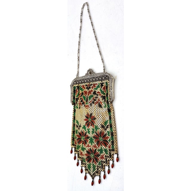 Metal Mandalian Art Deco Flapper Enamel Mesh Purse with Floral Motif and Drop Beads For Sale - Image 7 of 18