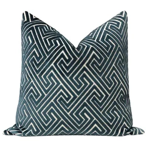 Pair of beautiful custom-made roman cut velvet pillows in navy blue. Meticulously handcrafted with serged interior seams,...