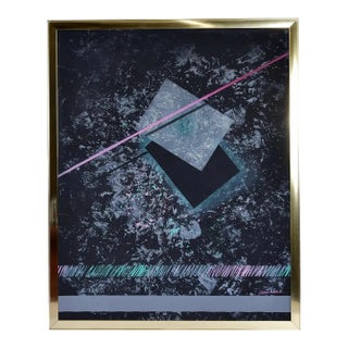 Dana 1980s Large Black Pink and Blue Geometric Memphis Style Painting For Sale