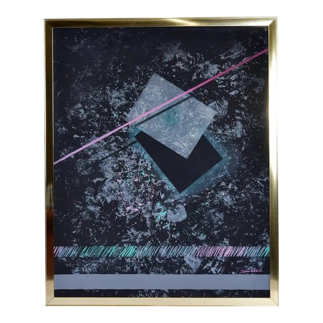 Dana 1980s Large Black Pink and Blue Geometric Memphis Style Painting For Sale