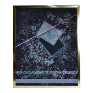 Dana 1980s Large Black Pink and Blue Geometric Memphis Style Painting
