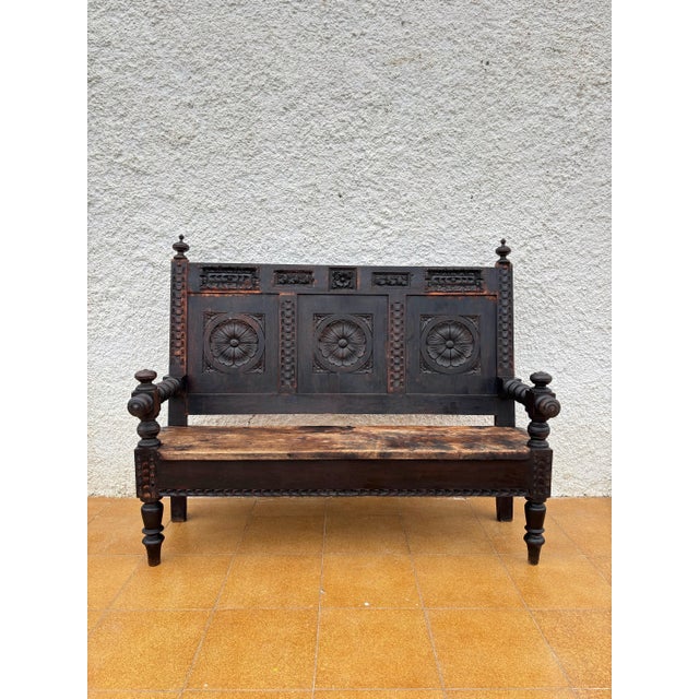 Impressive Spanish carved wooden bench in the Renaissance Revival tradition, dating from the early 20th century. Crafted...