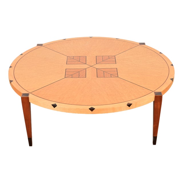Baker Furniture Style Studio Crafted Modern Art Deco Birdseye Maple and Mahogany Coffee Table For Sale