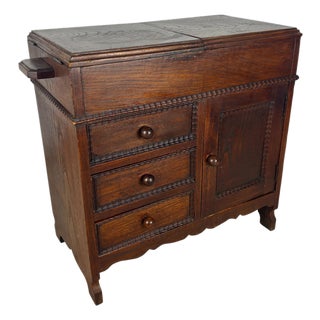 Spanish Oak Sewing Cabinet With Fabric Basket, Early 20th Century For Sale