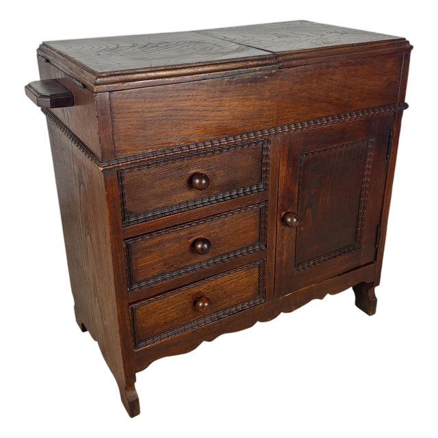 Spanish Oak Sewing Cabinet With Fabric Basket, Early 20th Century For Sale