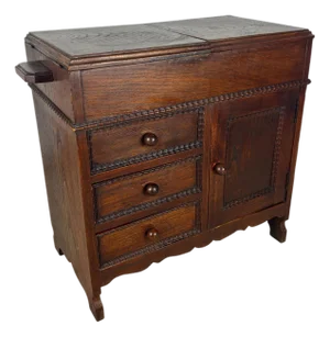 Spanish Oak Sewing Cabinet With Fabric Basket, Early 20th Century