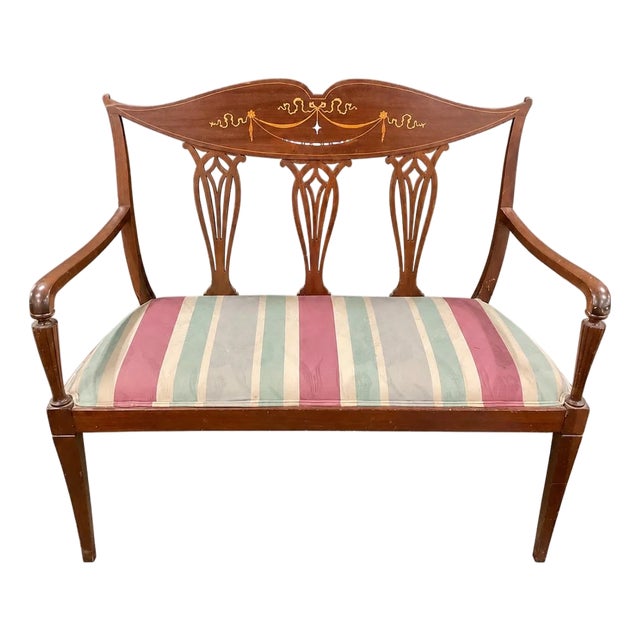Antique Edwardian Settee With Wood and Mother-of-Pearl Inlay For Sale
