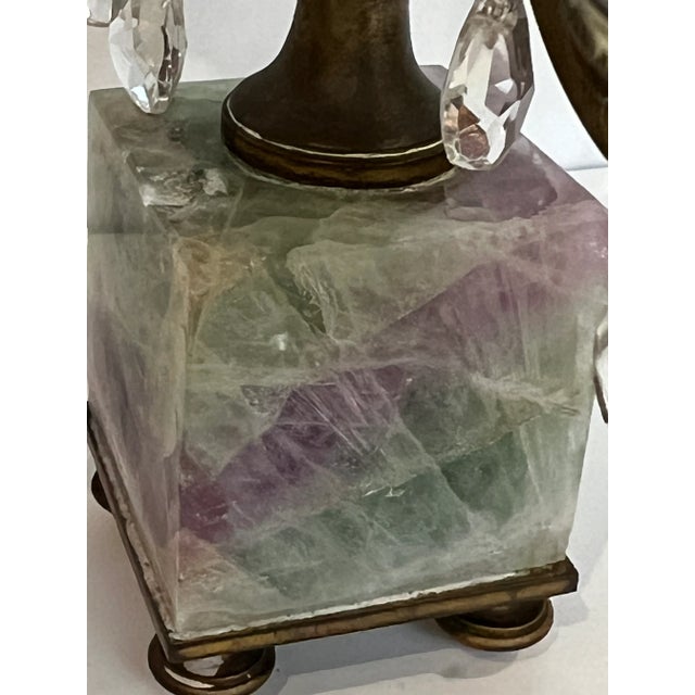 Antique pair of smaller candelabras. Beautiful amethyst bases with brass mountings. Pear sheped crystal briolettes...