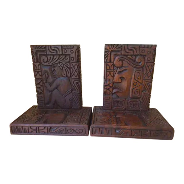 1960s Mid Century Modern Honduran, Mayan Theme Hand Carved Bookends For Sale