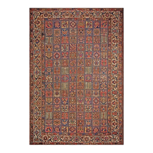 Masterful Multi Color Ground With Gardens Details in a Geometric Design Antique Persian Bakhtiari Rug