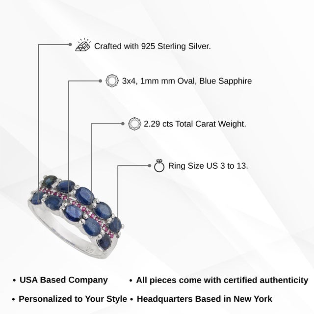 2.29 Ct Blue Sapphire and Ruby Handmade 925 Sterling Silver Ring, Size 7.5 For Sale - Image 11 of 14